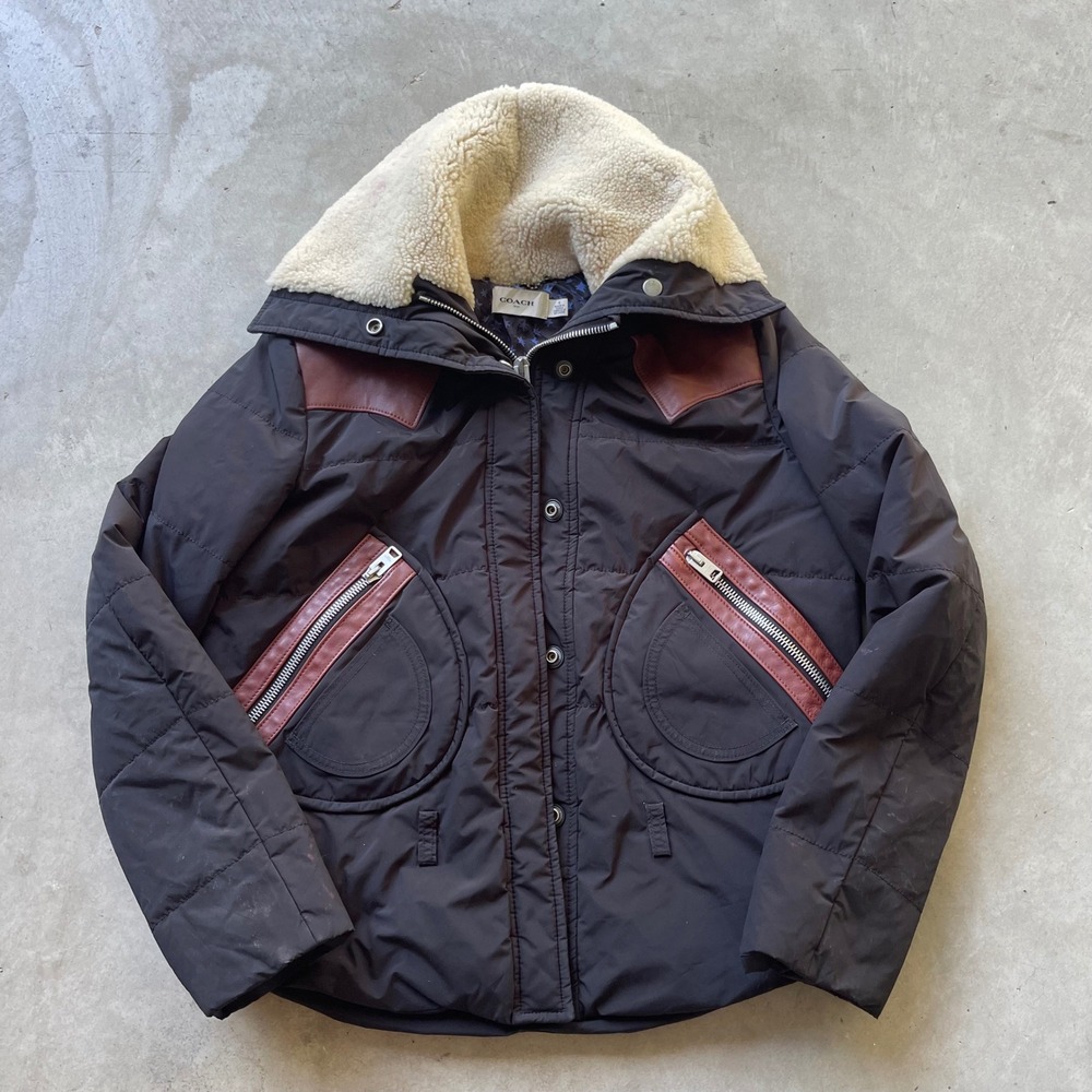 Coach 1941 Women Black Puffer Jacket Shearling Leather Yoke Star Lining 6 26720